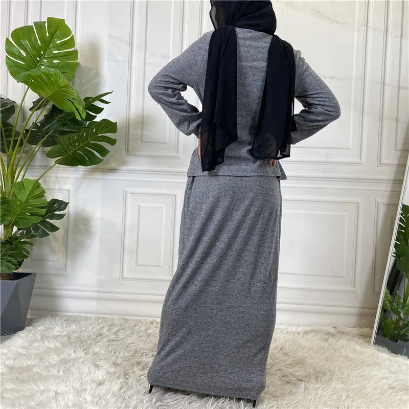 Turkey Turtleneck Tops Long Skirt 2 Pieces Set for Women Autumn Winter Warm Muslim Outfits Tracksuit Islam Dress Abaya Robe Suit