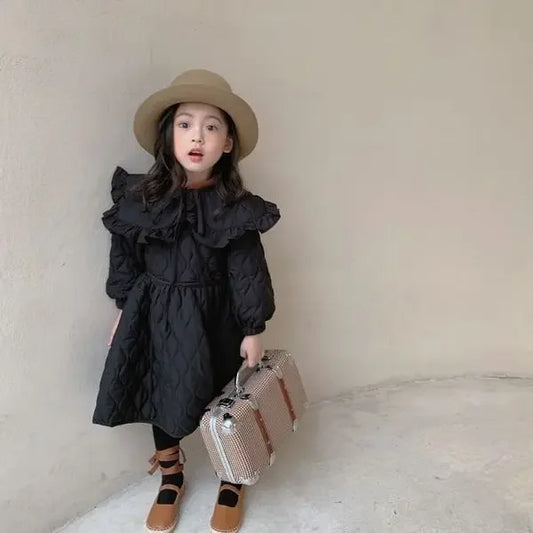 Korean Girls' Dress Winter New Fashionable Plush Thickened Large Lapel Cotton Skirt Children's Little Girl Princess Dress