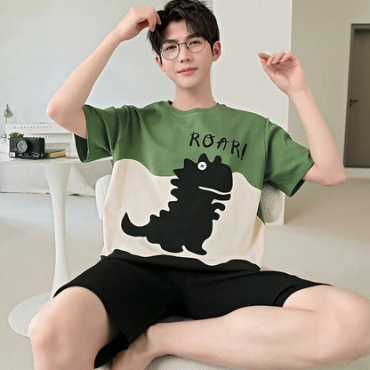 2025 Summer Men’s Sleepwear Cotton Cartoon Pajamas Sets For Man Short Loungewear Young Home Wear Fasion Student Pyjama Set Homme