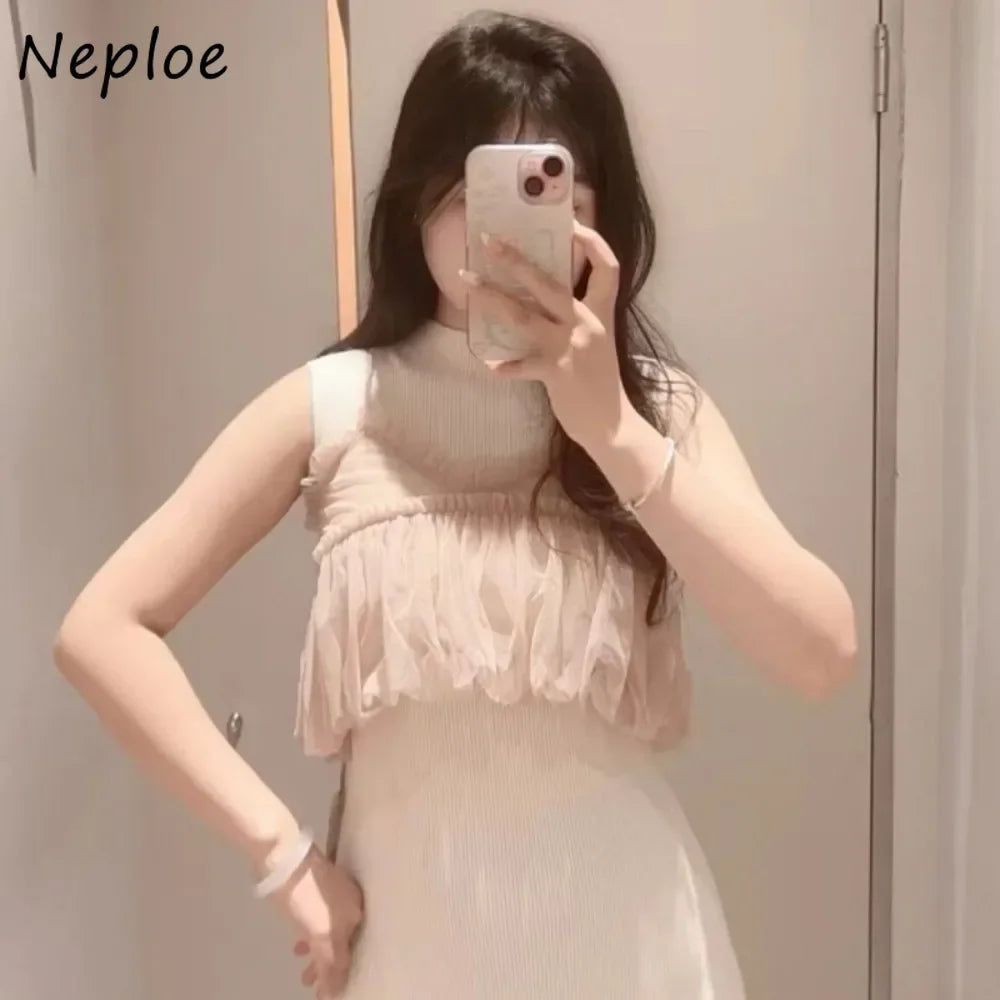 Neploe Temperament Chiffon Fungus Sets Sling Half-high Collar Sleeveless Knit Mid-length Robe Japan Slim Fit Sweet Suits Dress