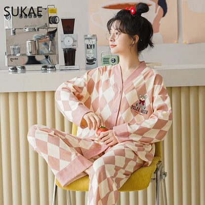 SUKAE New M-5XL Autumn Winter New Cotton Women Pajamas Lady Loungewear Kimono Cardigan Long Sleeves V-neck Homesuit