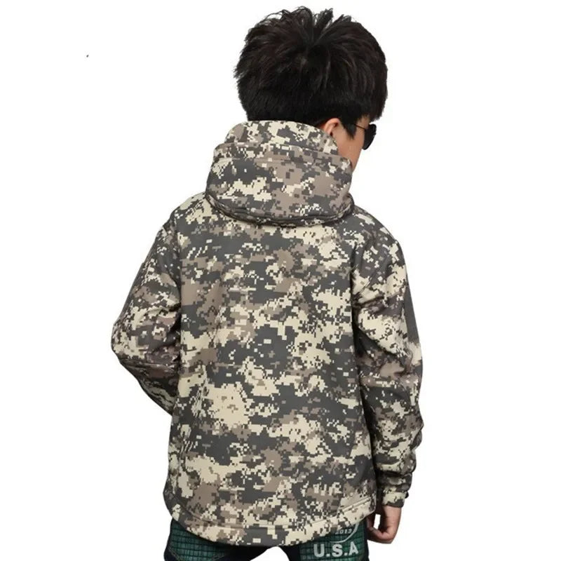 Autumn Winter Childrens Climbing Thick Warm Soft Coat Boy Girl Outdoor Camp Riding Hiking Windproof Waterproof Camo