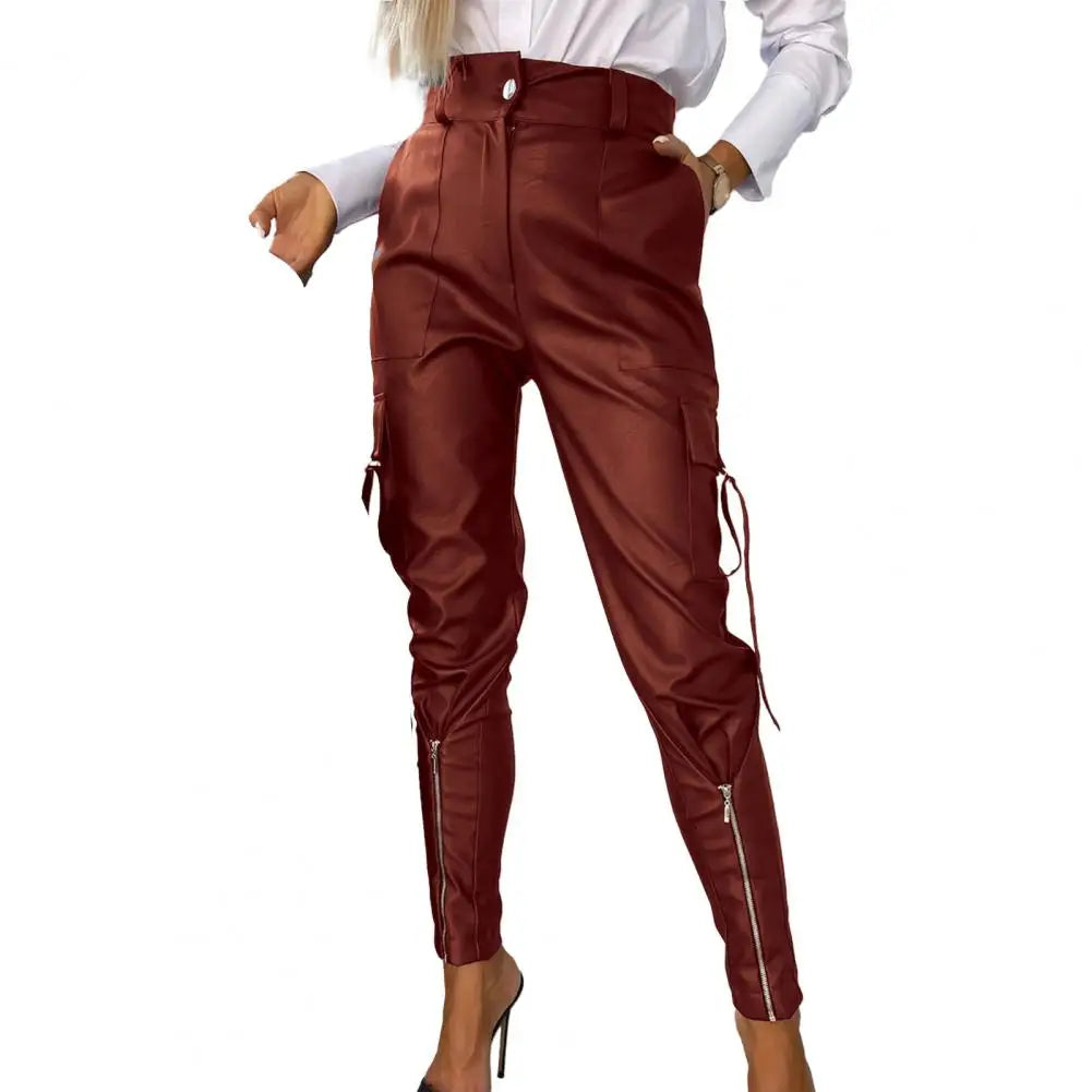 Women's Leather Pants Multi Pockets Women PU Leather Pants High Waist Skinny Push Up Leggings Pencil Pants Long Trousers