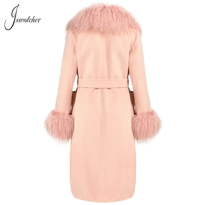 Women Mongolian Sheep Fur Coat Long Style Cashmere Jacket With Real Fur Trim Lady Autumn Winter Fashion Warm Outerwear