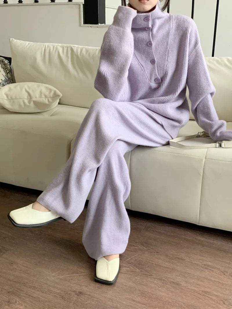 Women Elegant Cashmere Pants Suit for Autumn Winter New Fashion Lapel Sweater Suit Knitwear Casual Pants Female Two-piece Sets