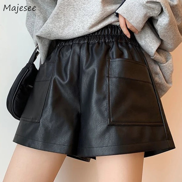 Shorts Women Ulzzang Chic Elastic Waist Pockets Loose Simple Pure Black Trendy Ins PU Leather Fall Casual 3XL Female All-match