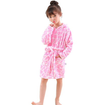 Children Hooded Flannel Bathrobe Robes Adorable Comfortable Cartoon print pattern Boys and Girls Home Wear Casual Sleepwear