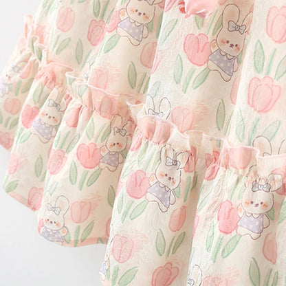 Summer Covered In Tulip Flowers Rabbit Little Flying Sleeve Dress For Kids Girl Cute Princess Dress For Baby Kids