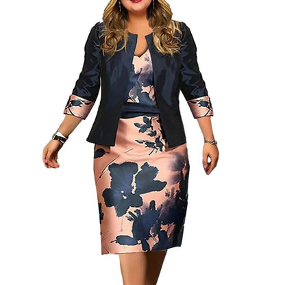 2 Pcs/Set Women Coat Dress Suits Set Floral Print Sheath Midi Dress Open Stitch Dress Suit Jacket Women Outfit Set