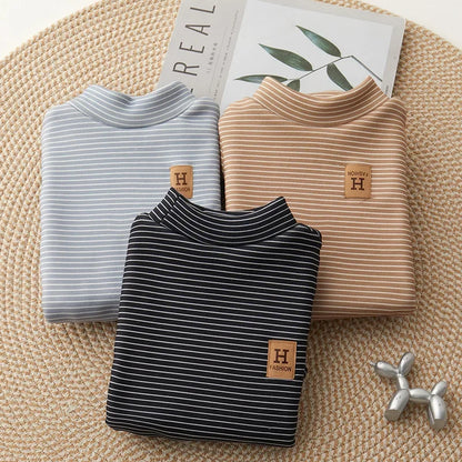 2-10Y Winter Kid's Undershirts Cute Childrens Stripe Bottoming Shirt Warm Boys Fur Lining Top Girls Half High Collar Blouse