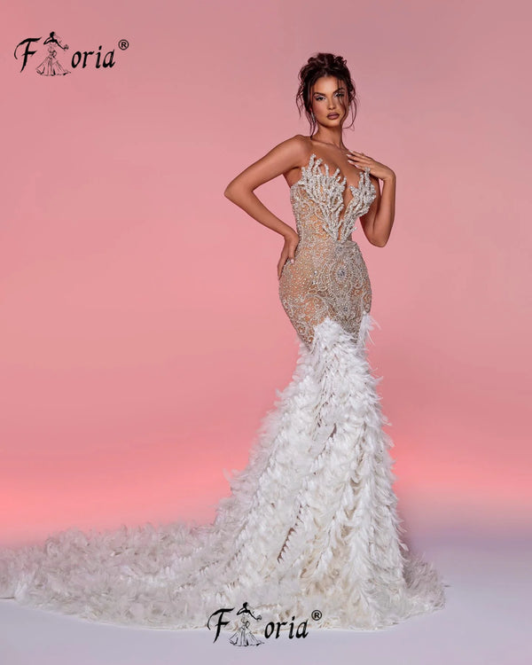 1&Only Exquisite White Mermaid Wedding Dress Heavy Feathers Beads Crystal Evening Party Gown Long Celebrity Occasion Dresses Couture