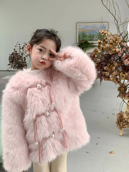 Little Girl Pink Faux Fur Jacket Coat Warm Winter Autumn Thick Fleece Outwear Fashion Kids Plush Outerwear Toddler Child Clothes