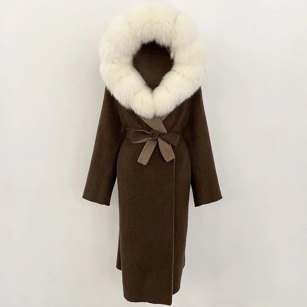 Real Natural Fox Fur Coat Winter Hooded Detachable Collar Fur Jacket Long Woolen Jacket Women Double-faced Casual Overwears