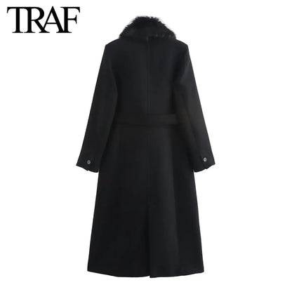 TRAF Wool Blend Elegant Long Coat Jackets Women Winter Removable Faux Fur Collar Belt  Warm French Chic Female Overcoat