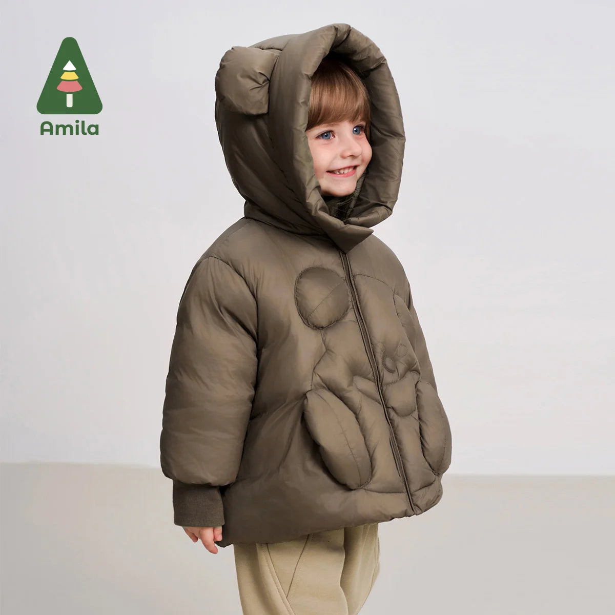 Amila Baby Down Jacket 2025 Winter New Style Boys And Girls Solid Color Bear Hooded Basic Warm Loose Casual Children’s Jacket