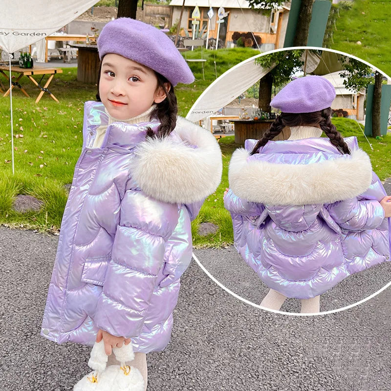 New Winter Girls Jacket Cute Wings Keep Warm Fur Collar Little Princess Coat Hooded Zipper Parka Snowsuit Windproof Outerwear