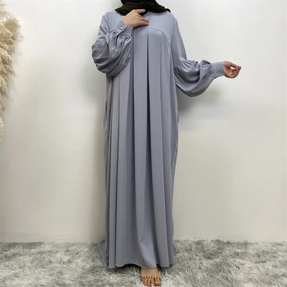 Muslim women elegant fashion dress Arab Turkey round neck gown dress pure color Islamic long dress with pockets