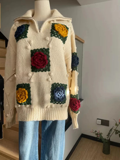 Women Vintage Flower Crochet High Neck Long Sweater Fall Winter Loose Jumper Cozy Sweater Retro Outfit