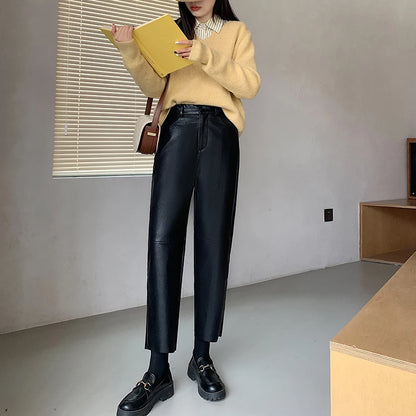 Autumn Winter Women's Leather Trousers High Waist Loose black Brown Straight Leg Pants Classic pu Faux Leather Pants for Women