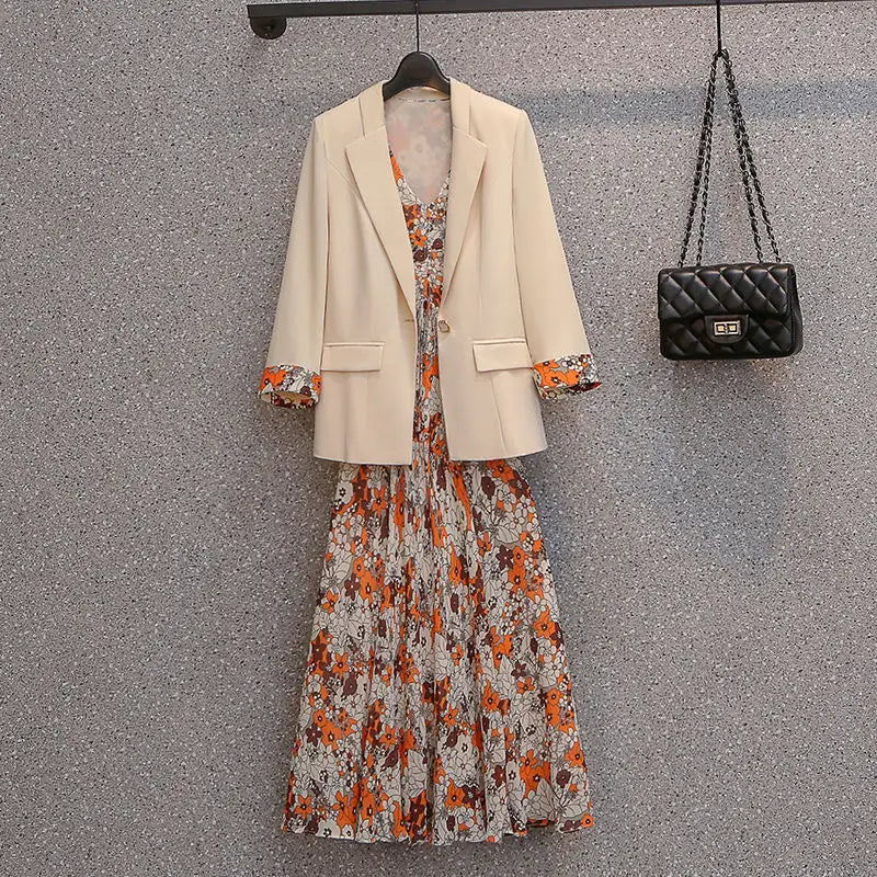 Autumn New Suit Dress Matching Set Women's Casual Blazers Jacket Floral Midi Skirt Two-piece Korean Elegant Suits