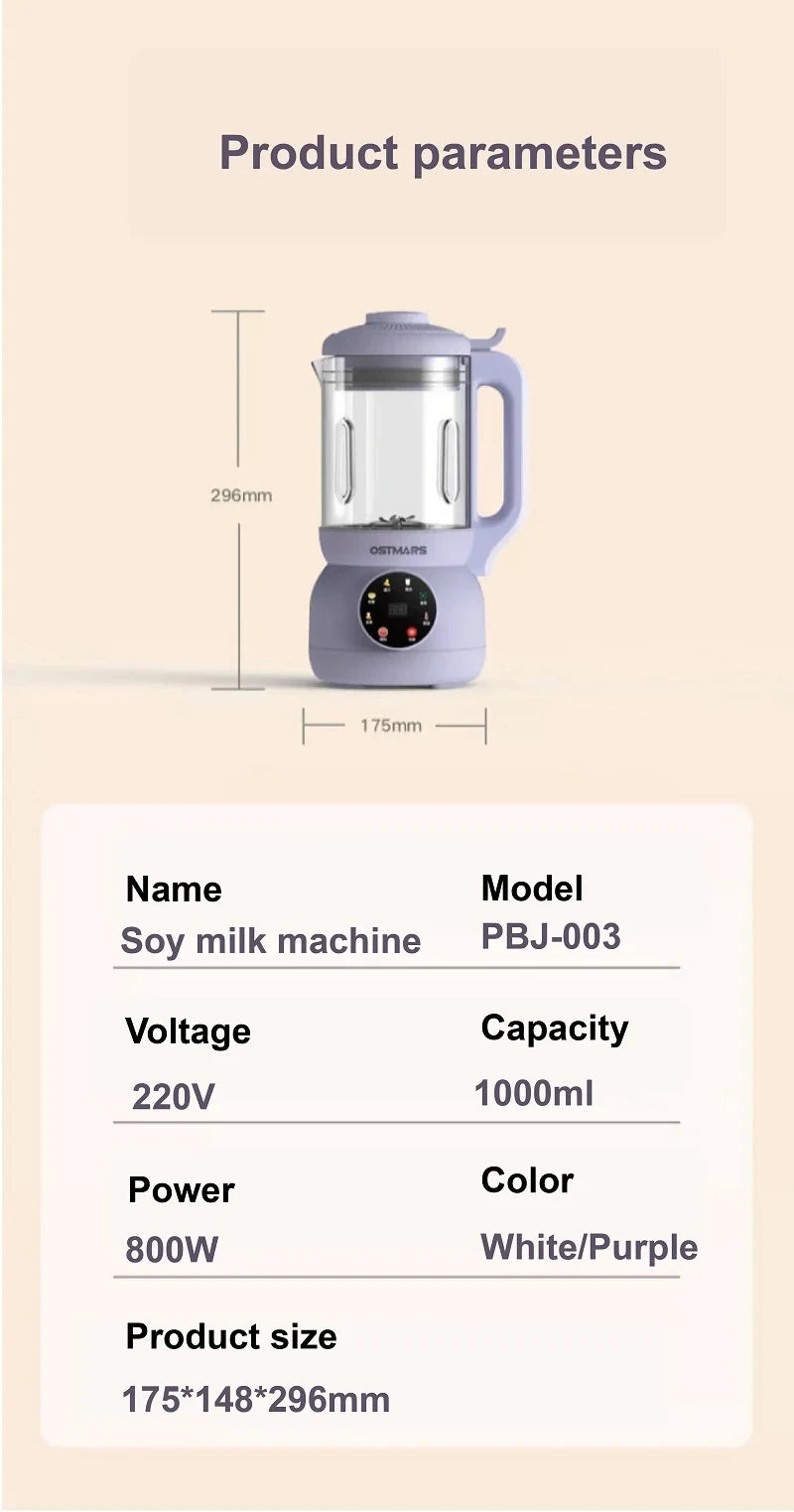 1000ml Smart Soybean Milk Machine Fully Automatic Filter-free Wall Breaker Multi-function Blender Home Juicer Kitchen Tools 800W