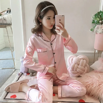 Silk Pajamas for Women Sexy Silk Women Pijama Sets Sleepwear Long-sleeve Cardigan Female Ice Silk Home Pijama Mujer Verano