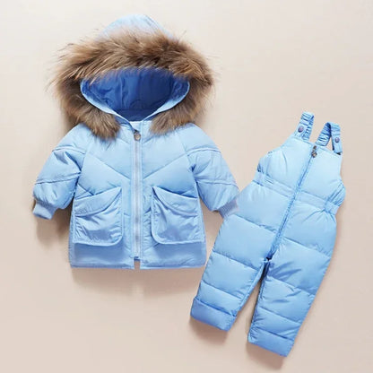 -30 Degree Down Jacket Jumpsuit Winter Overall for Children Clothes Set Baby Boy Parka Real Fur Girl Toddler Thick Warm Snowsuit