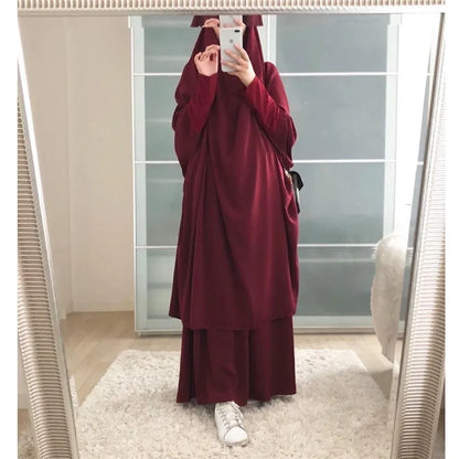 Muslim Sets Two Pieces Eid Hooded Long Sleeve Hijab Prayer Clothing Maxi Skirts Elastic Waist Women Dresses Abaya Ramadan Robes