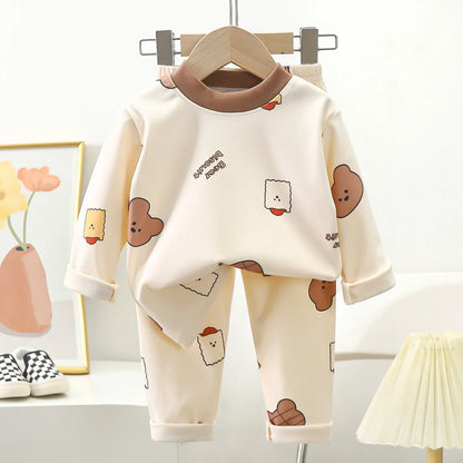 New Kids Autumn Warm Pajamas Boys Girls Cute Cartoon Bear Long Sleeve T-Shirt Top + Pants Baby Sleepwear Underwear Clothing Sets