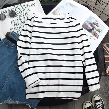 Women Loose Round Collar Autumn Stripes Print Loose Long Sleeve Casual Simple Wild T-Shirt