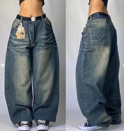 New American Harajuku Retro Straight High Waist Y2K Street Style Women Washed Blue Pockets Baggy Jeans Gothic Wide Pants