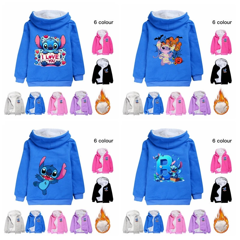 Kid Baby Boy Girl Coat Autumn Winter Long Sleeve Plush Hoodies Cartoon Stitch Print Children Sweatshirt Clothes Thick Top Outfit