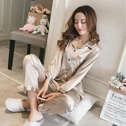 Silk Pajamas for Women Sexy Silk Women Pijama Sets Sleepwear Long-sleeve Cardigan Female Ice Silk Home Pijama Mujer Verano