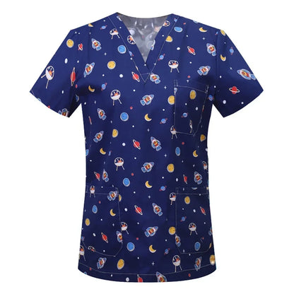 Cartoon Print Women Scrubs Uniform Surgical Top Hospital Doctor Surgery Workwear Dental Clinic Costume Pet Grooming Work Clothes