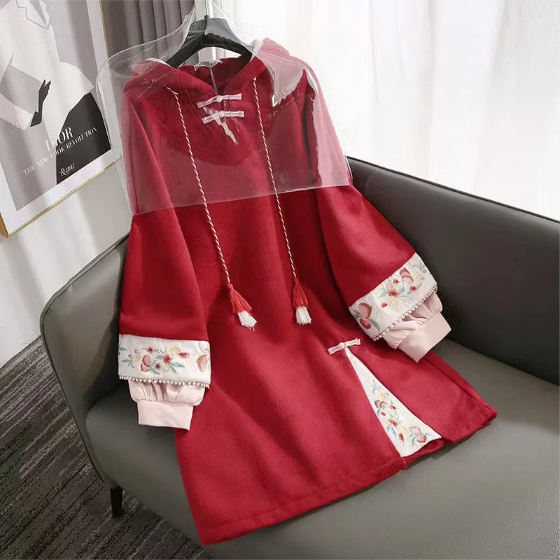 Women's Winter Chinese Style Hoodies Sweatshirt Daily Dress Hanfu Long Sleeve Embroidery Oversized Thick Cheongsam Vestidos