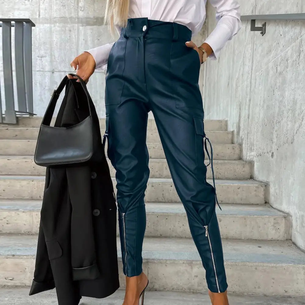 Women's Leather Pants Multi Pockets Women PU Leather Pants High Waist Skinny Push Up Leggings Pencil Pants Long Trousers