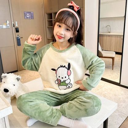 2025 Autumn Winter Flannel Children Pajama Sets Miniso Anime Cartoon Boy Girl Warm Sleepwear Cute Pijama Kids Homewear Clothes