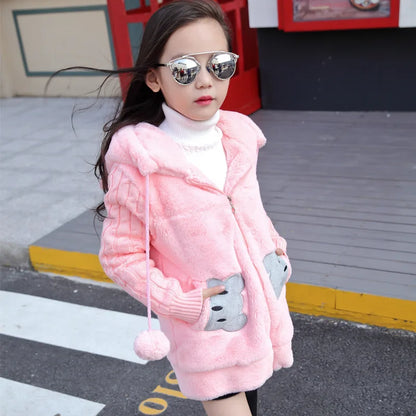 Autumn Winter Girls Jacket Cute Rabbit Bear Keep Warm Little Princess Plush Jacket Hooded Zipper Sweater 3-12 Years Kids Clothes