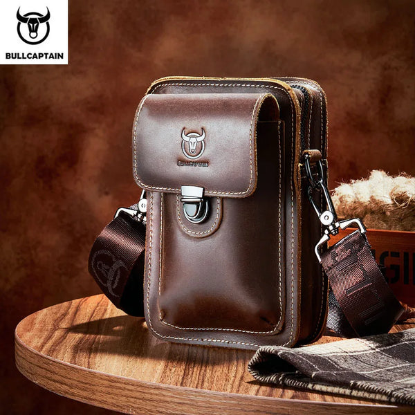 BULLCAPTAIN Crazy Horse Leather Male Waist Pack Phone Pouch Bags Waist Bag Men's Small Chest Shoulder Belt Bag Back Pack YB075