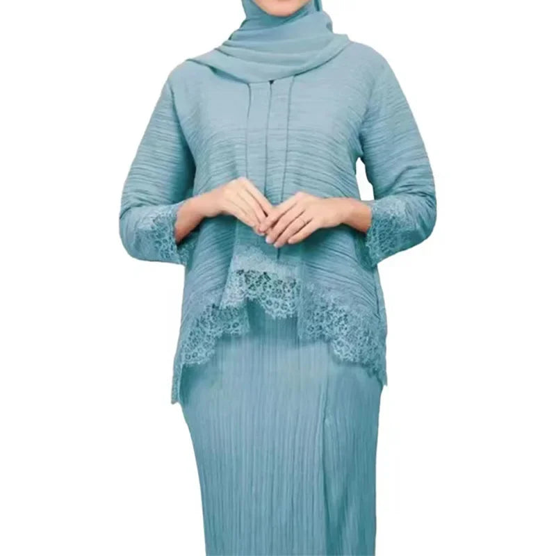 Muslim Abaya Set – Lace Pleated Top & Maxi Skirt