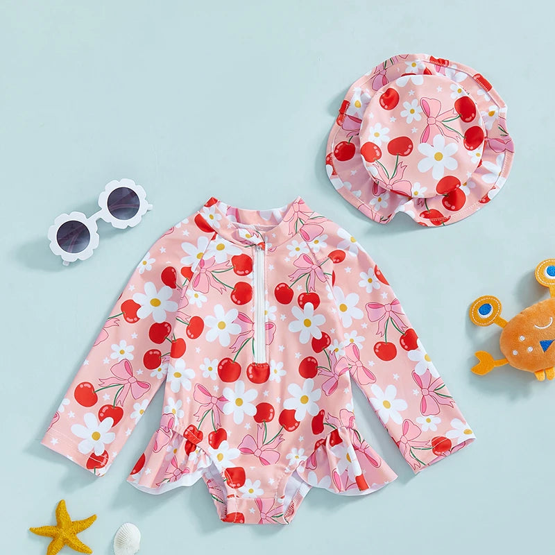 Toddler Rash Guard Swimwear 1piece Zipper Bathing Suit Bow Pattern Zip Up Long Sleeve Crew Neck Baby Girls Sunsuit with Hat