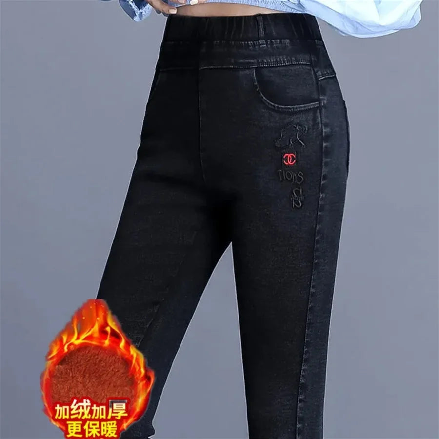 Winter Thicken Jeans Pencil Denim Pants Women Plush Velvet Lined Warm Skinny Vaqueros Streetwear High Wasit Stretch Kot Pantolon