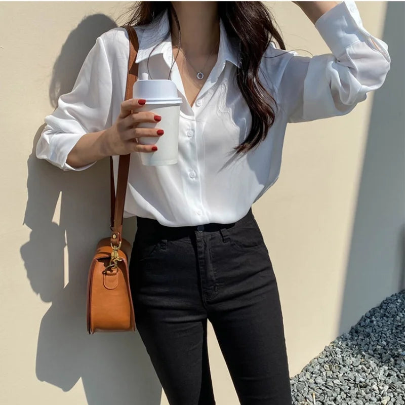 Autumn New Long Sleeve Women Shirts Fashion Turn Down Collor Chiffon Blouses Office Lady Elegant Loose Tops