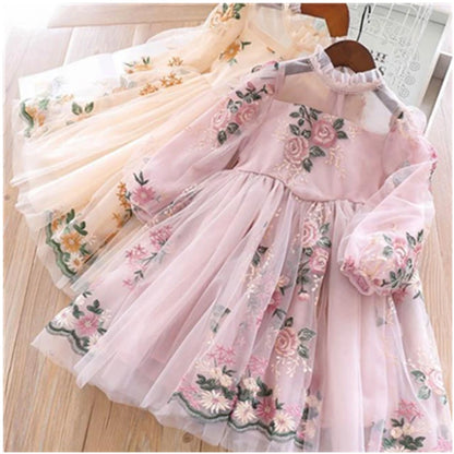 Little Girls Autumn Full Sleeves Dress for Children Party Kids Casual Dress Pink Floral Embroidery Dresses Princess Wear Vestido