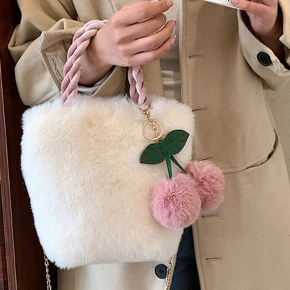 Cute Cherry Plush Bag Handbag Korean INS Autumn Winter Versatile Shoulder Bag Fashion Plush Crossbody Bag Ladies Chain Bag