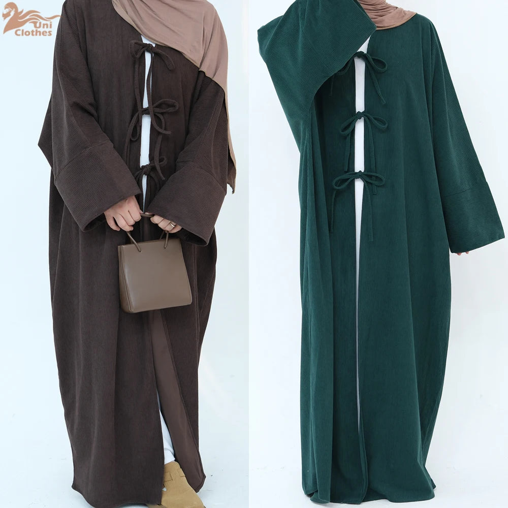 Arabic Women Corduroy Abaya Dress Ramadan Eid Dubai Modest Cardigan Islamic Party Robe Fashion Turkey Winter Solid Coat