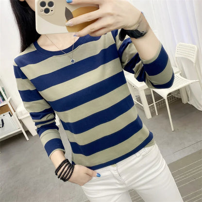 Autumn Loose Pure Cotton Long Sleeve T-shirt Women Clothing Middle-aged Mom Base Shirt Striped Top