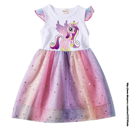 New Girls Mid-length Dress Flying Sleeves Round Neck My Little Baby girl pony Summer Dress Net Gauze Princess Dress