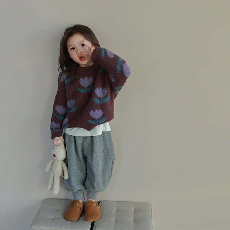 Baby Girls' Flower Pullover Sweater 2025 Autumn Winter New Korean Style Knitwear Girls Fashion Kids Outfit Children Dark Coat