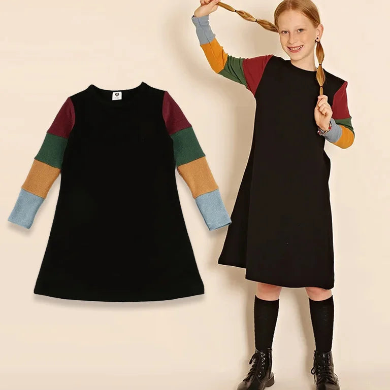 AA-2T-16T Fall Winter Family Matching Clothes Girls Midi Dresses Kids Top Children Color Block Casual T-shirt Long Sleeve Outfit